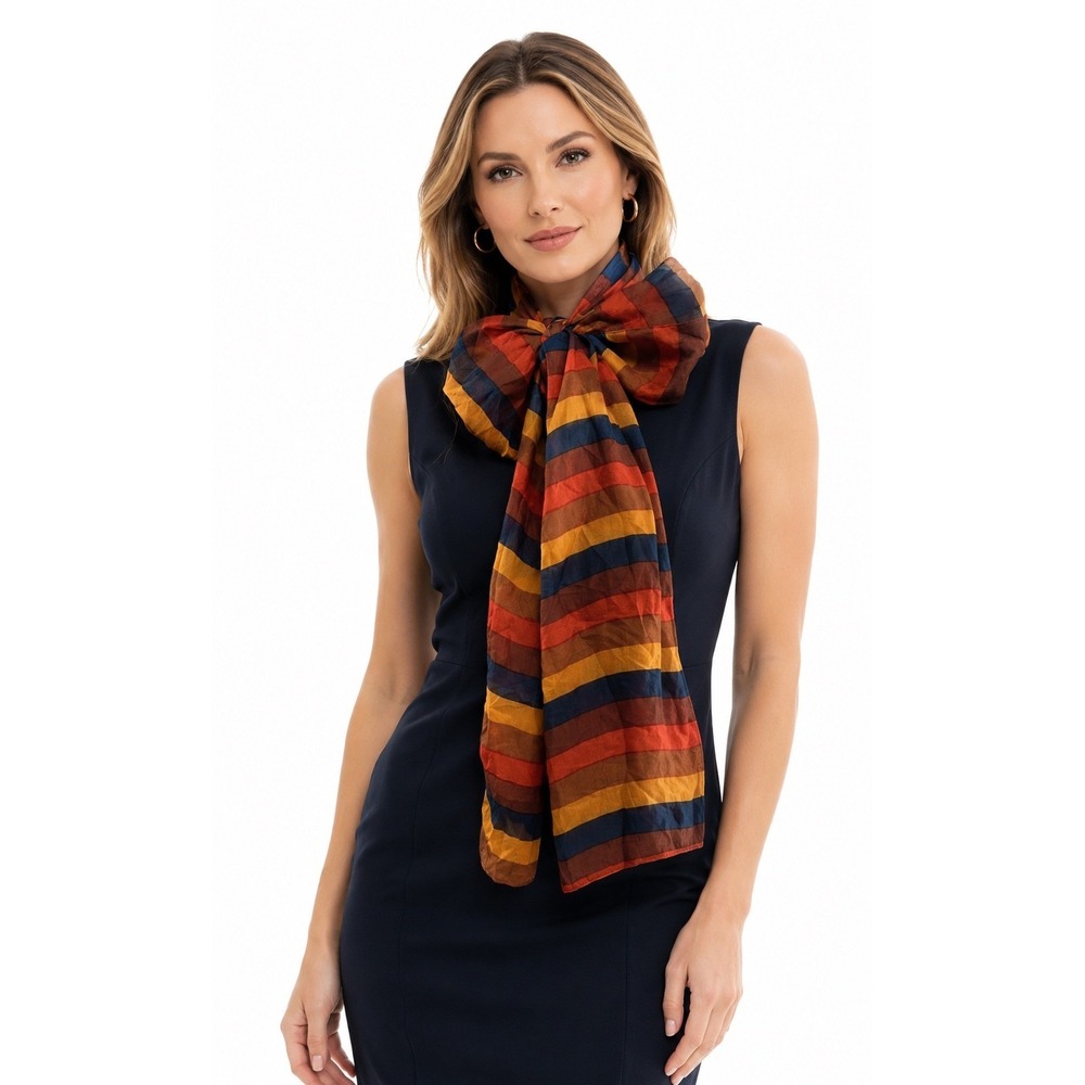 Vintage Striped Silk Scarf Orange Red Navy Blue Brown Rectangle Neck Tie 70-44